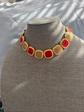 Gold-Tone Red and Beige Enamel Square-Link Necklace